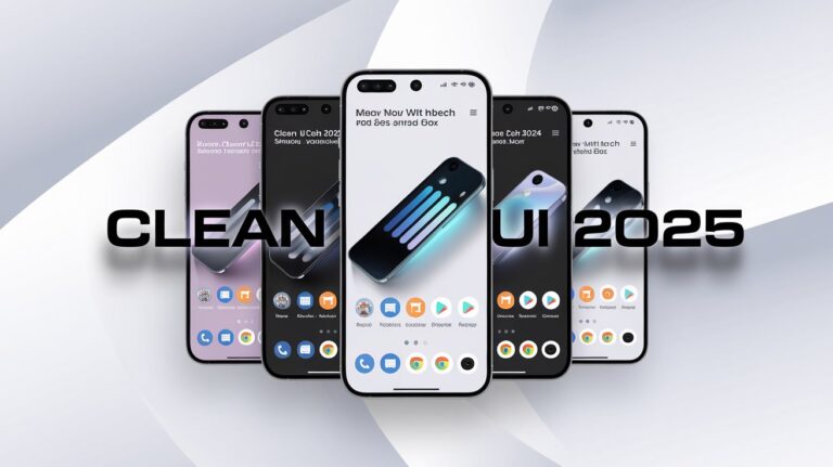 A modern banner featuring five sleek Android smartphones with a clean UI, showcasing minimalistic app icons and a futuristic design, with bold text 'CLEAN UI 2025' in the center.