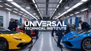 Students receiving hands-on training at Universal Technical Institute, working on high-tech automotive equipment in a modern training facility.