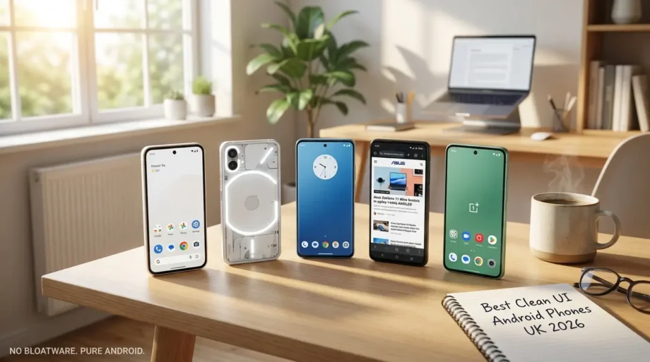 Best clean UI Android phones UK 2026 — Google Pixel 9a, Nothing Phone 3a, Motorola Edge 40, Asus Zenfone 11 Ultra, OnePlus Nord 3 on desk with clean home screens, no bloatware.