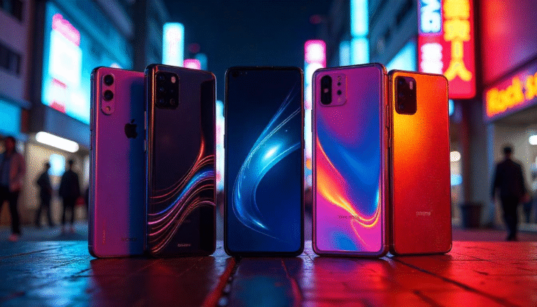 Futuristic smartphone with neon lighting in a modern Japanese cityscape, highlighting top performance and long battery life.