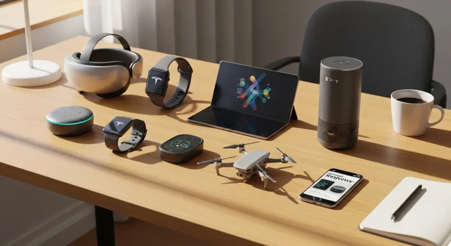 Latest tech gadgets 2026 — Apple Vision Pro 2, Tesla CyberWatch, Samsung Foldable Tablet Pro, Amazon Echo 5D, Sony AirPods Max Pro, LG Rollable TV, DJI Mini 4 Pro, Withings BeamO on modern desk with coffee mug and notebook.