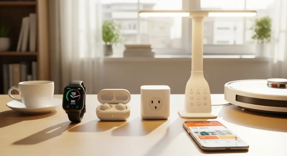 Top 5 trending gadgets on AliExpress 2026 — smartwatch, wireless earbuds, smart plug, LED desk lamp, mini robot vacuum on modern desk.