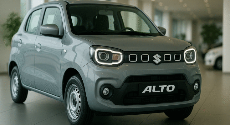Front view of the Maruti Alto K10 2025 model in a showroom, highlighting its stylish LED headlights and compact design.