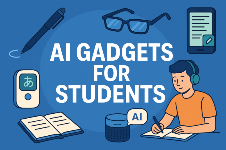 Illustration of a student using AI gadgets like smart glasses, a smart pen, language translator, and AI speaker for studying.