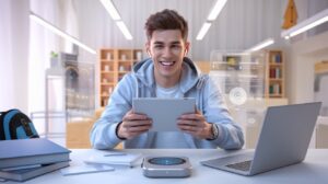 A student using the Top Tech Gadgets for Students 2025, including a smart tablet, wireless earbuds, and a sleek laptop, at a modern study desk.