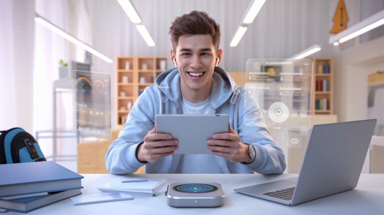 A student using the Top Tech Gadgets for Students 2025, including a smart tablet, wireless earbuds, and a sleek laptop, at a modern study desk.