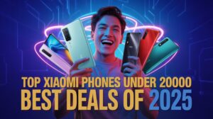 Top Xiaomi Phones Under 20000 Best Deals of 2025 – Colorful Display of Xiaomi Smartphones with Excited Man
