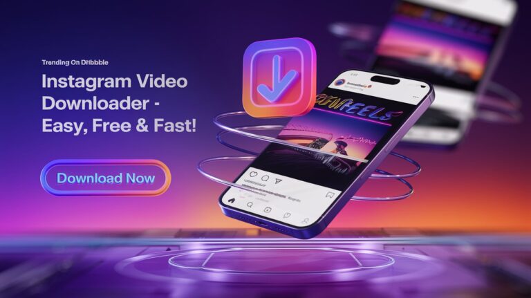 A futuristic 3D smartphone downloading an Instagram Reels video with a glowing 'Download Now' button. Vibrant purple-pink gradient background, sleek download icon, and bold text: 'Instagram Video Downloader - Easy, Free & Fast!'.