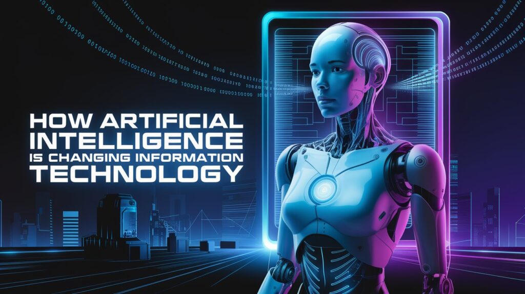 Futuristic AI robot interacting with a digital interface, showcasing how artificial intelligence is transforming information technology.