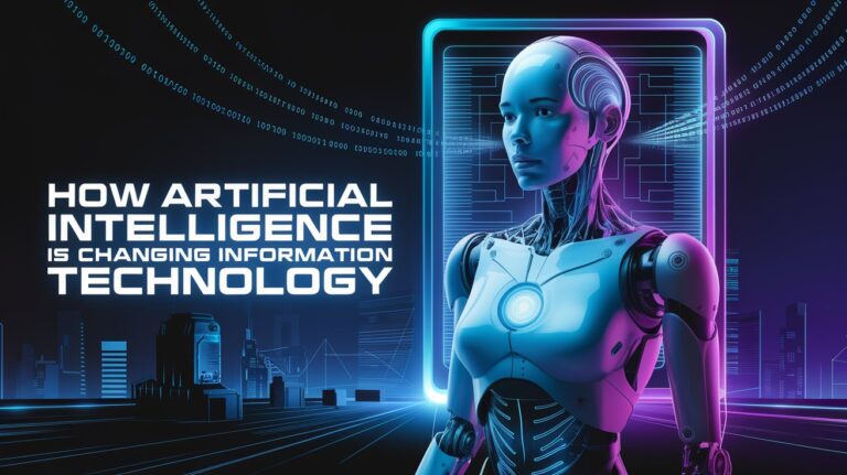 Futuristic AI robot interacting with a digital interface, showcasing how artificial intelligence is transforming information technology.