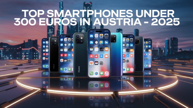 Modern budget smartphones under 300 Euros displayed with glowing background and futuristic cityscape – 2025 tech lineup.