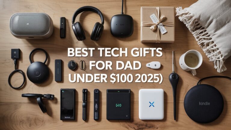 Best Tech Gifts for Dad Under $100 (2025) – Top affordable gadgets including speaker, headphones, Kindle, smart home camera, wireless charger, and more.