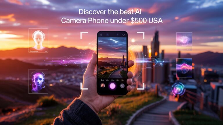 Person discovering the best AI camera phone under $500 USA with futuristic digital camera features at sunset