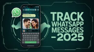 WhatsApp tracker app interface on mobile phone screen showing a conversation between a couple. High-quality, eye-catching design for tracking WhatsApp messages.