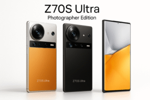 Triple view of the nubia Z70S Ultra Photographer Edition smartphone showcasing its sleek design and advanced camera setup in orange and black finishes.