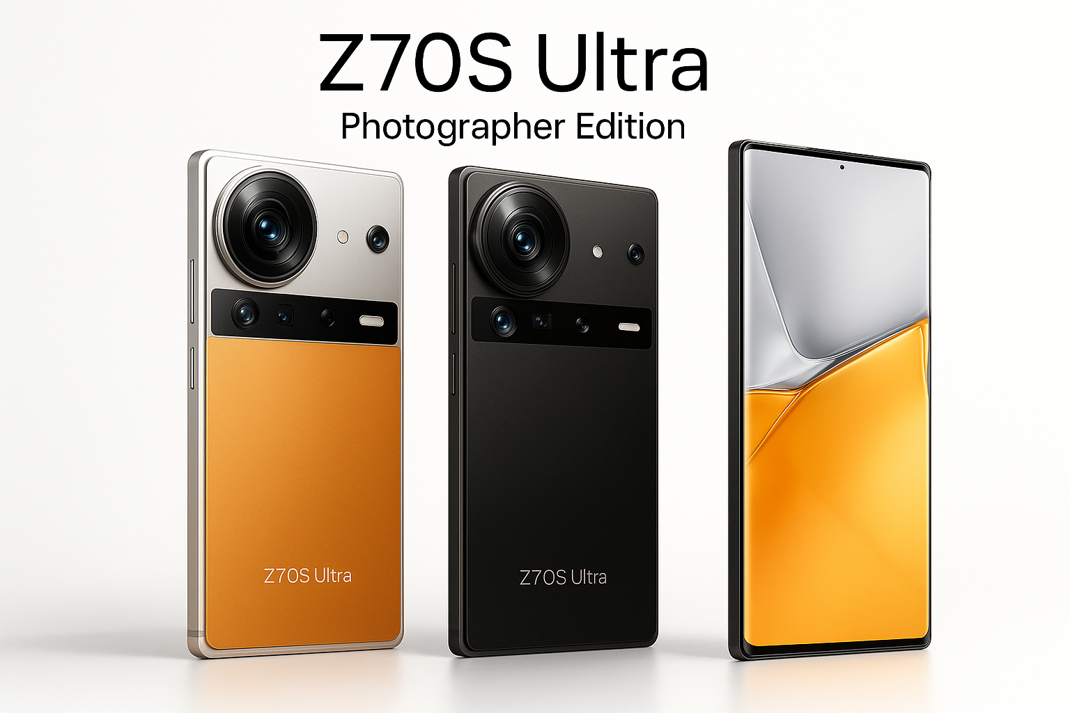 Triple view of the nubia Z70S Ultra Photographer Edition smartphone showcasing its sleek design and advanced camera setup in orange and black finishes.