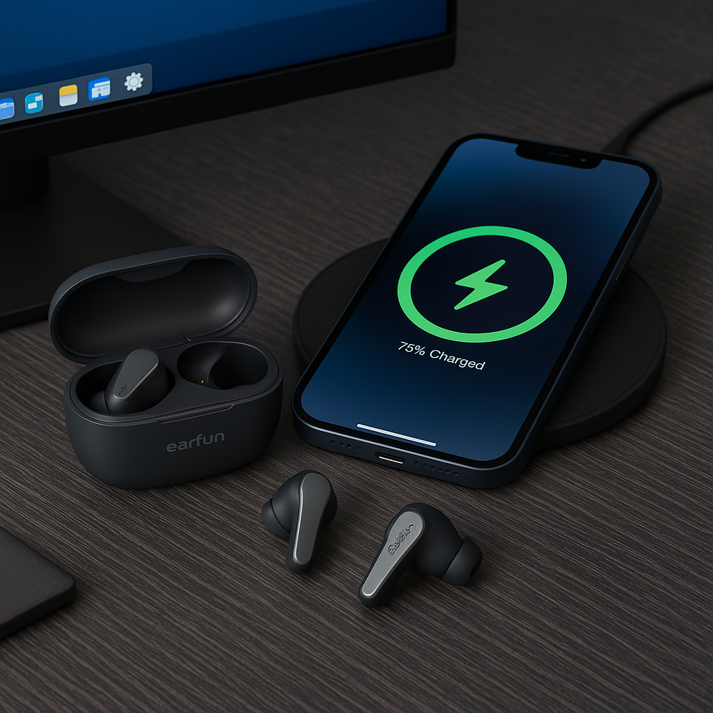 5. EarFun Air Pro 3 – Best Tech Under £70 A modern digital workspace features EarFun Air Pro 3 earbuds with their open charging case on a dark wooden desk, next to an iPhone 15 displaying a 75% charge on a wireless charging pad, with a sleek monitor and keyboard nearby.