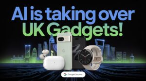 AI-powered gadgets in UK market including smartphone, smartwatch, and smart home device with glowing neon tech effects