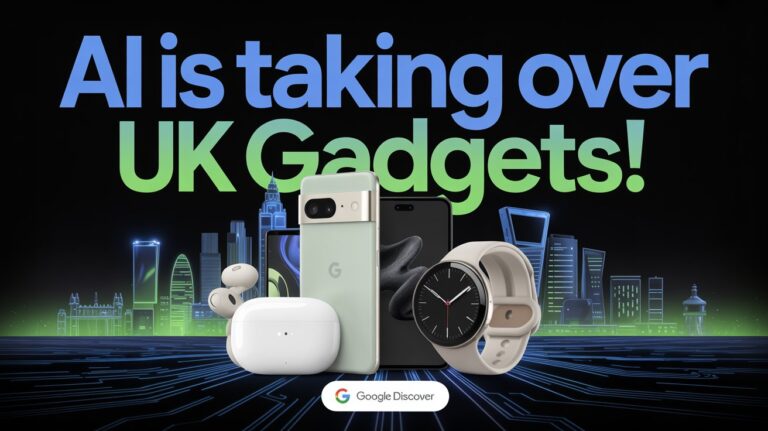 AI-powered gadgets in UK market including smartphone, smartwatch, and smart home device with glowing neon tech effects