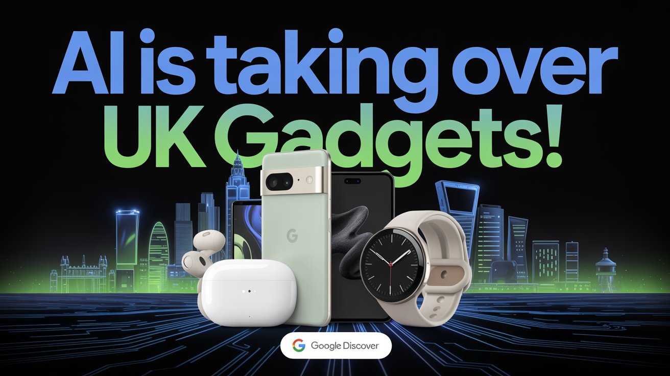 AI-powered gadgets in UK market including smartphone, smartwatch, and smart home device with glowing neon tech effects