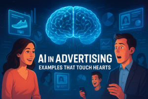 A futuristic digital illustration showing an illuminated AI brain at the centre, surrounded by emotional people reacting to floating digital ads and charts in a glowing blue tech-themed environment. Text reads: “AI in Advertising Examples That Touch Hearts.