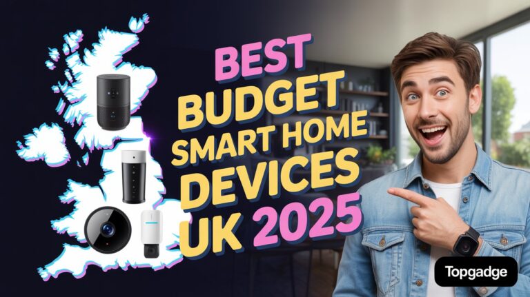 Best Budget Smart Home Devices UK 2025 thumbnail with UK map, smart gadgets, and smiling man pointing
