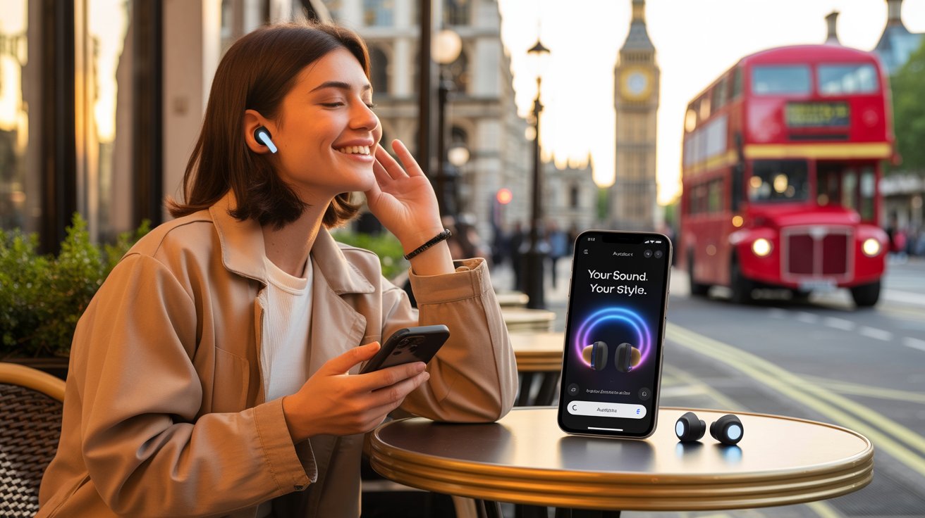 Young UK adult using budget wireless earbuds with iPhone in London street café