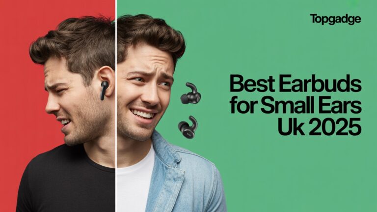 Best Earbuds for Small Ears UK 2025 – Man struggling with oversized earbuds vs smiling with perfect fit, split red-green background.