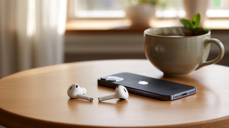 Flat lay of wireless earbuds with iPhone 15 on a wooden table, with a cup of tea in the background, captured in natural lighting.