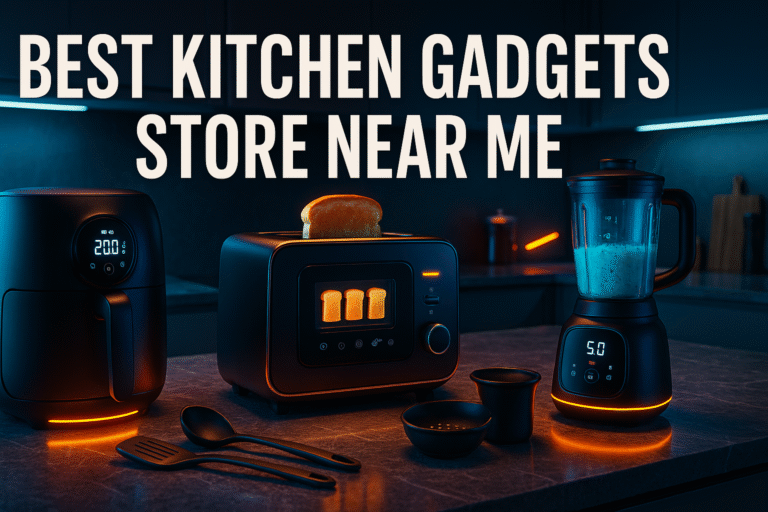 Best kitchen gadgets store near me with modern and glowing kitchen tools on sleek countertop