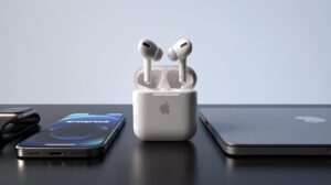 Best value wireless earbuds for iPhone placed on a sleek modern desk setup with Apple devices.