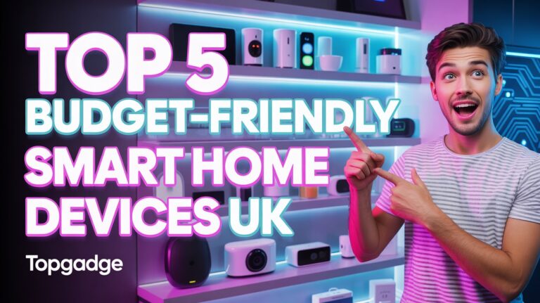 Excited man pointing at a display of smart home gadgets with bold text "Top 5 Budget-Friendly Smart Home Devices UK" – modern tech showcase.