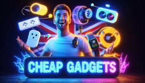 Scroll-stopping thumbnail image showing Cheap Gadgets UK including smart plug, LED strip lights, budget wireless earbuds, mini projector, and smartwatch with UK flag in background.