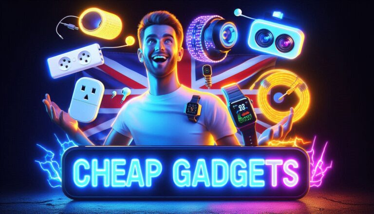 Scroll-stopping thumbnail image showing Cheap Gadgets UK including smart plug, LED strip lights, budget wireless earbuds, mini projector, and smartwatch with UK flag in background.