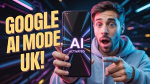 Excited tech reviewer pointing at Android phone with AI Mode activated screen, bold text ‘Google AI Mode UK!’