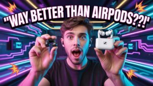 Shocked man holding Sennheiser Accentum Open Earbuds and Apple AirPods with bold text ‘Way Better Than AirPods?!’ in a neon tech background.