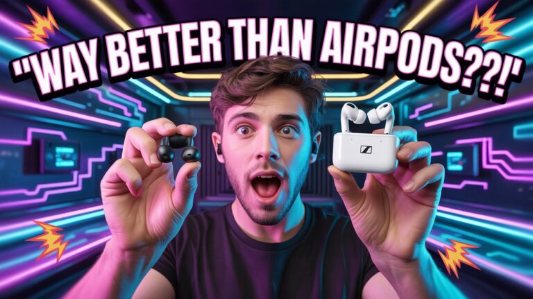 Shocked man holding Sennheiser Accentum Open Earbuds and Apple AirPods with bold text ‘Way Better Than AirPods?!’ in a neon tech background.