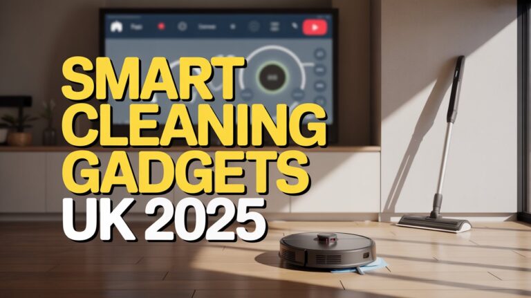 Smart Home Cleaning Gadgets UK 2025 displayed in a modern living room, featuring a robot vacuum and mop.