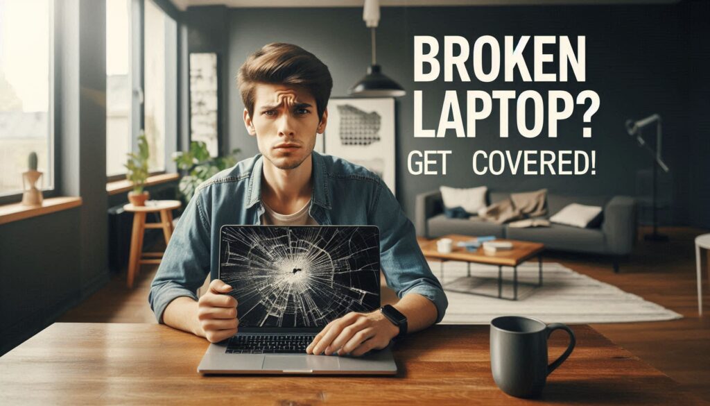 Student Gadget Insurance 1 Student holding a broken laptop at a desk in a modern room, promoting student gadget insurance with text 'BROKEN LAPTOP? GET COVERED!