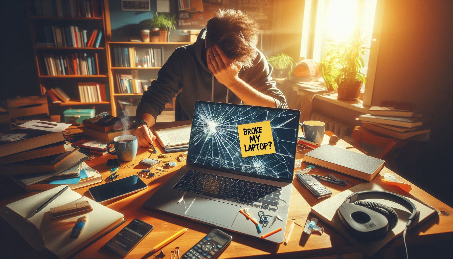 Stressed student surrounded by gadgets with a broken laptop, highlighting the importance of student gadget insurance