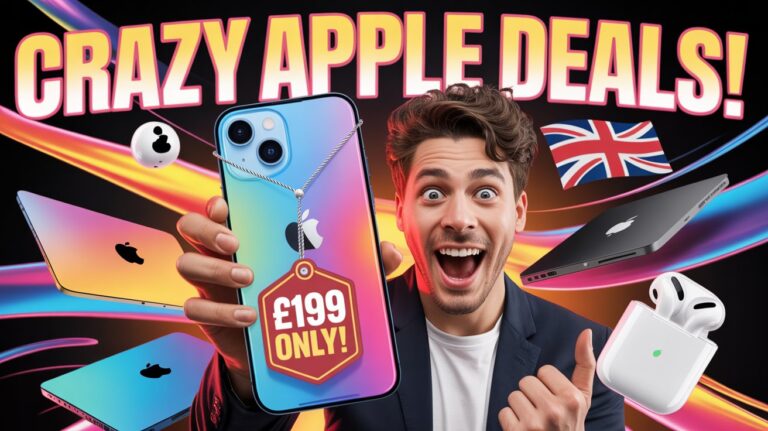 Excited man holding an iPhone with a £199 price tag, surrounded by Apple products and UK flag, with bold text saying “Crazy Apple Deals!