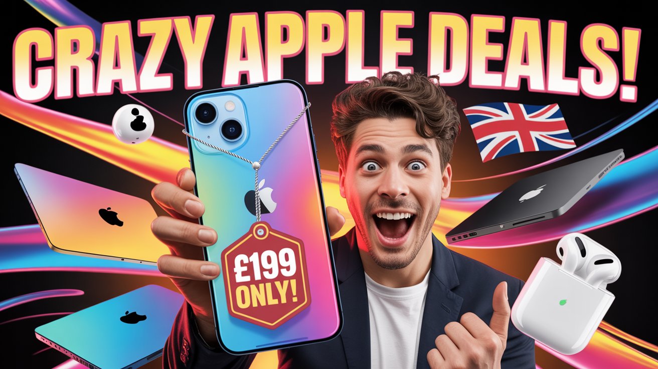 Excited man holding an iPhone with a £199 price tag, surrounded by Apple products and UK flag, with bold text saying “Crazy Apple Deals!