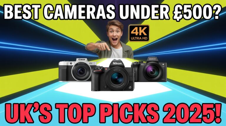 Top 10 best digital cameras under £500 in the UK 2025 with bold text and glowing camera visuals