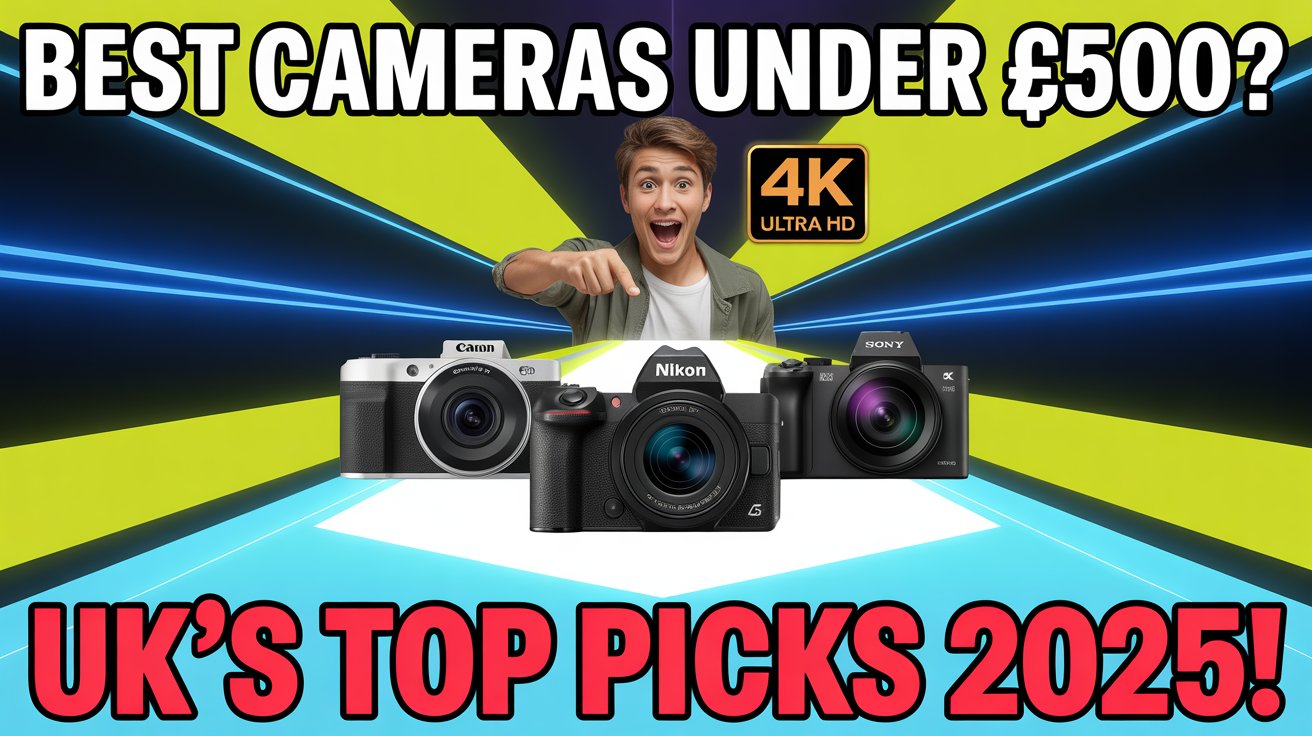 Top 10 best digital cameras under £500 in the UK 2025 with bold text and glowing camera visuals