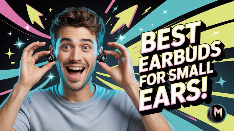 Happy man holding tiny wireless earbuds with bold text “Best Earbuds for Small Ears” on a colorful, energetic background.