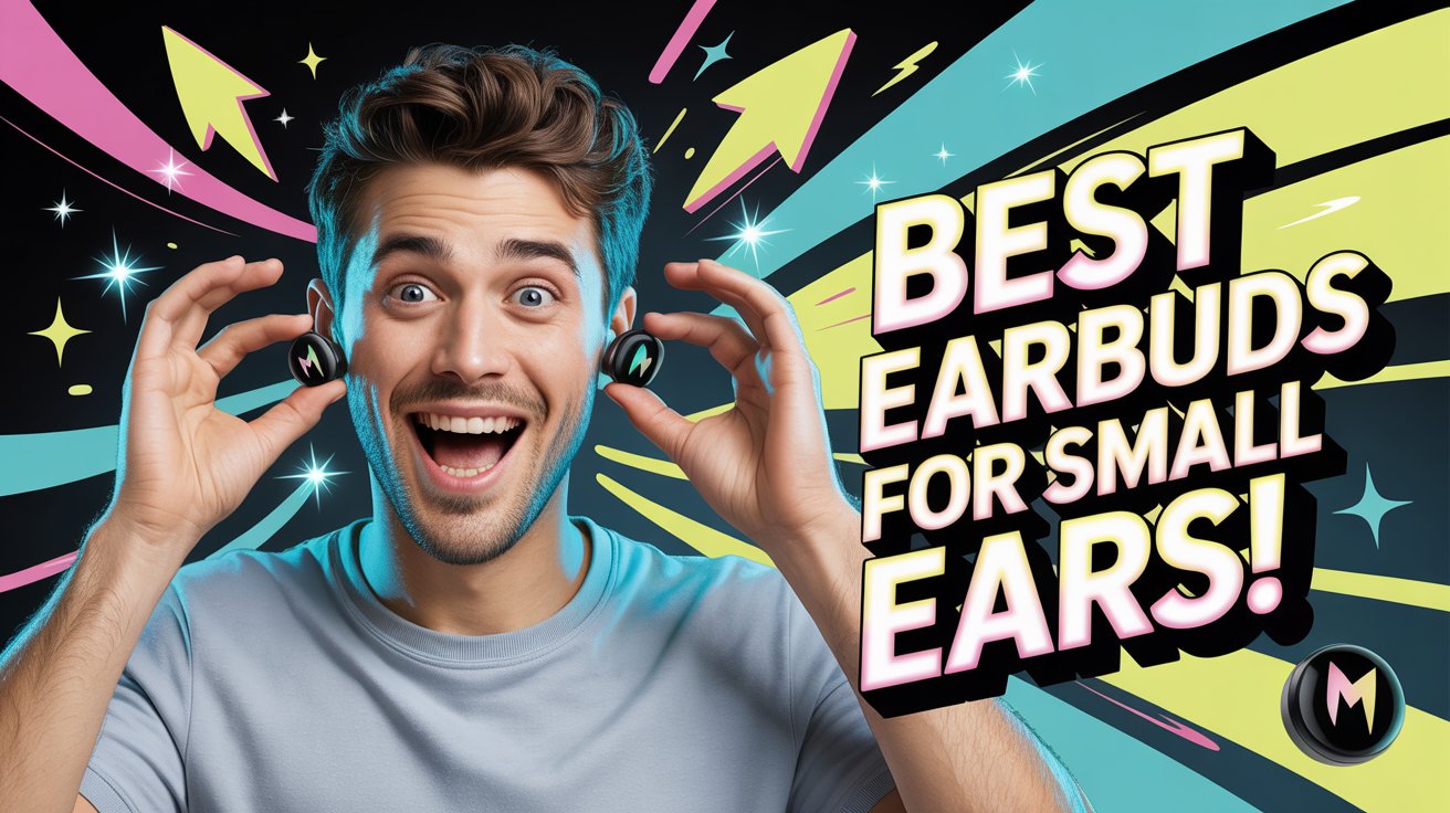 Happy man holding tiny wireless earbuds with bold text “Best Earbuds for Small Ears” on a colorful, energetic background.