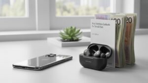 Best value wireless earbuds for iPhone placed next to an iPhone and UK currency notes on a modern desk.