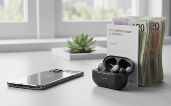 Best value wireless earbuds for iPhone placed next to an iPhone and UK currency notes on a modern desk.