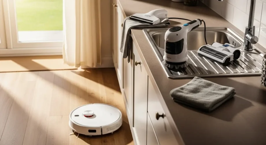Smart home cleaning gadgets UK 2026 — robot vacuum, spin scrubber, and window vac in a modern UK home.