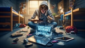 Worried UK university student in dorm room surrounded by broken gadgets, highlighting the importance of student gadget insurance.